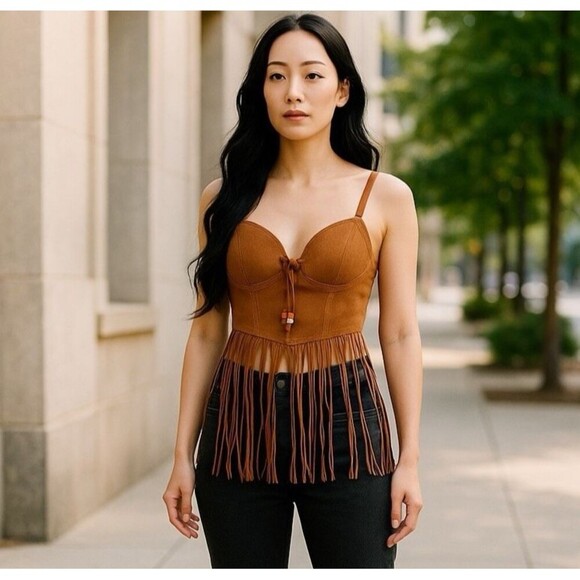 Spirit Faux Suede Fringe Corset Top M Tank Festival Hippie Boho Western Rodeo - Picture 1 of 10